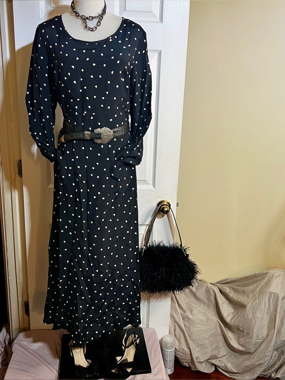 Ulla Popken Wms Black White Heart Print Kitschy Whimsy Pleated Modest Dress L/XL